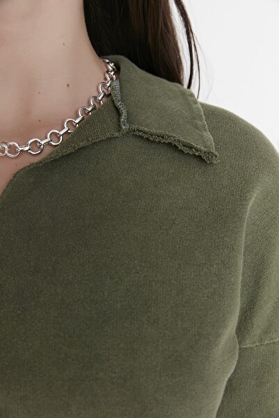 Trendyol Collection Khaki Crop Washed Tenká pletená mikina TWOAW23SW00156