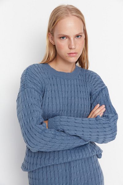Trendyol Collection Dolphin Blue Hair Braided Knitwear Top and Bottom Set THMAW23KZ00000