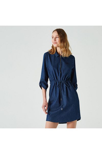 Lacoste فستان نسائي فضفاض بأكمام ثلاثة أرباع وسحاب باللون الأزرق الداكن EF0210