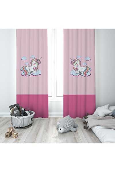 MODA Bambaşka Bebek Ve Çocuk Odası Unicorn Desenli Iki Kanat Fon Perde Bmfp-061