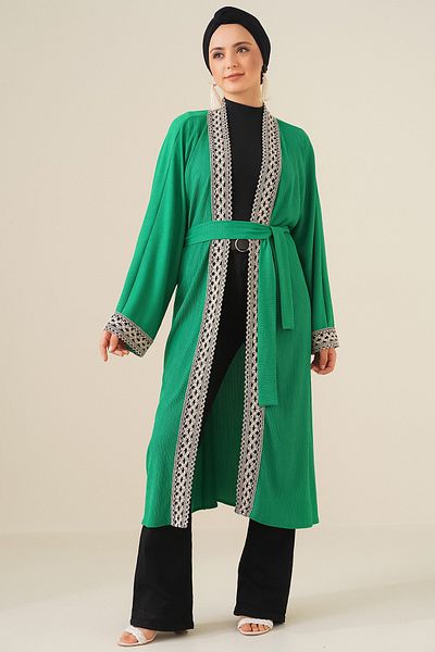 Bigdart 5865 Embroidered Knitted Long Kimono - Green