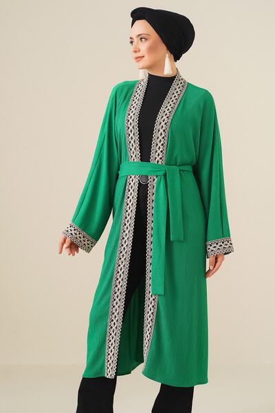 Bigdart 5865 Embroidered Knitted Long Kimono - Green