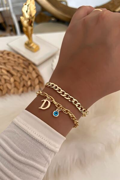 Trendy Butik سوار سلسلة مزدوجة بحروف 16