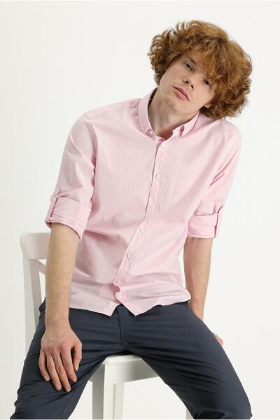 Kiğılı Ανδρικό πουκάμισο KIGILI σε ροζ σκόνη με μακρύ μανίκι και λεπτή εφαρμογή