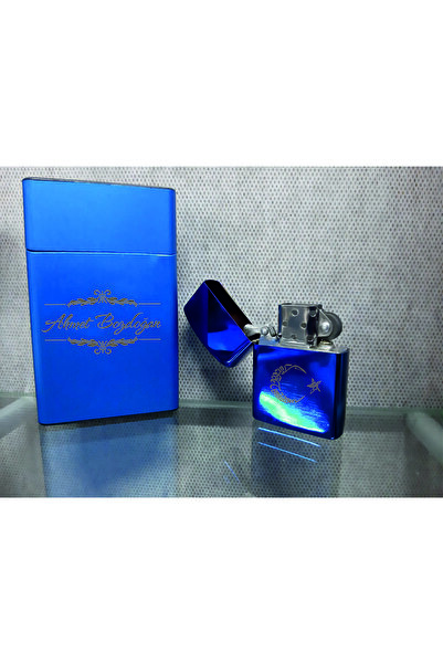 sengahenk Kişiye Özel Metal Sigara Kutusu Ve Zippo Çakmak Mavi Set