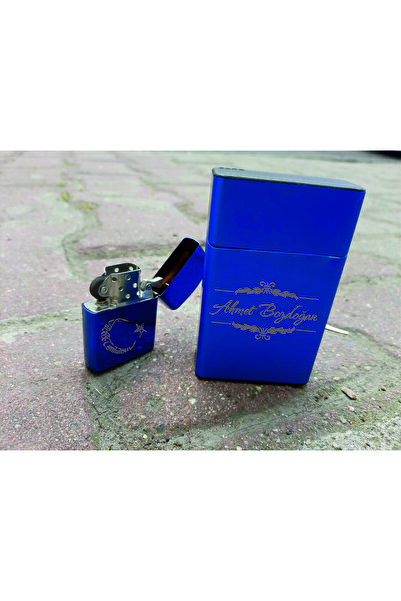 sengahenk Kişiye Özel Metal Sigara Kutusu Ve Zippo Çakmak Mavi Set