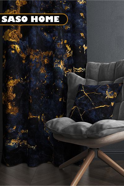 SasoHome Μπλε Navy - Γκρι μαρμάρινο μοτίβο Sodalite Ψηφιακή τυπωμένη κουρτίνα φόντου 140 X 270 cm (μονό φτερό)