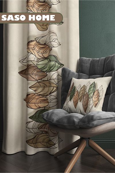 SasoHome Ψηφιακή τυπωμένη κουρτίνα φόντου 140 X 270 cm με μοτίβο φύλλων σε κρεμ φόντο ((μονό φτερό))