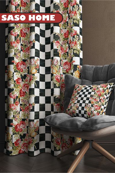 SasoHome Checkered Roses Mckenzie Patterned 140 X 270 Cm Digital Printed Background Curtain (Single Wing)