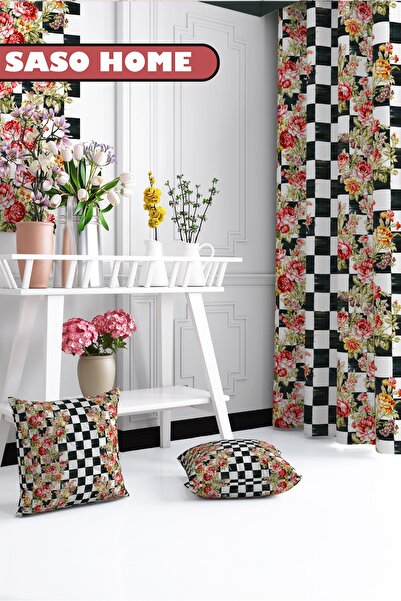 SasoHome Damalı Güller Mckenzie Desenli 140 X 270 Cm Dijital Baskılı Fon Perde( Tek Kanat )