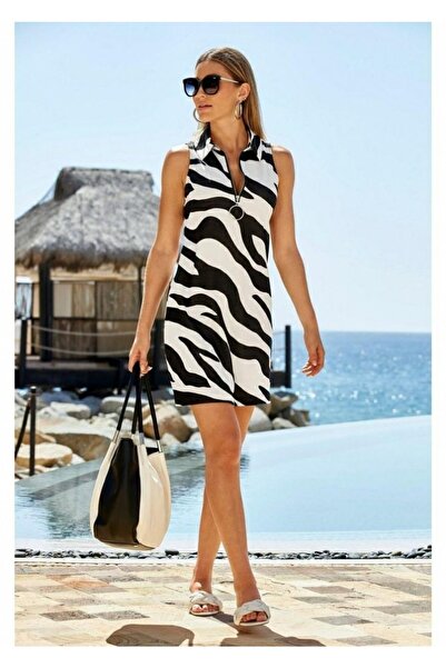 rengamoda Kadın Desenli, Zebra Desen Iki Iplik Kumaş Fermuarlı Mezuniyet Düğün Elbise