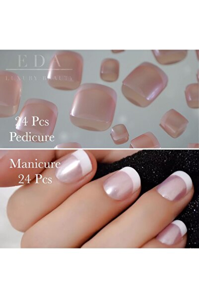 EDA LUXURY BEAUTY 48'li Saten Inci Pembe Beyaz French Doğal El & Ayak Takma T...