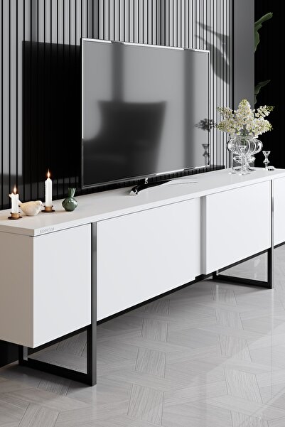 Modatte Luxe Siyah Demir Ayaklı Beyaz Tv Sehpası Tv Ünitesi_tymd253