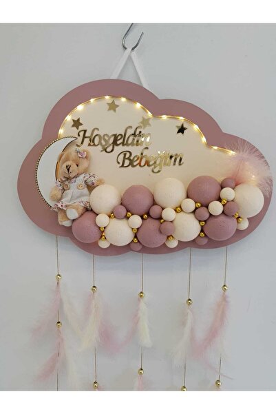HaliseDerin Kapı Süsü Ledli Bubble Ayıcıklı Ahşap Bulut Pano
