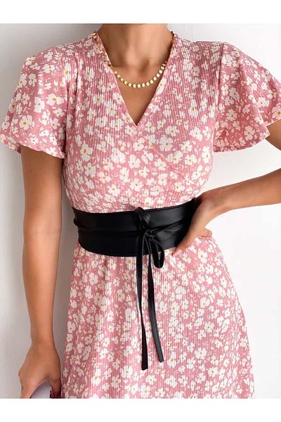 rengamoda Rochie de damă cu imprimeu floral, cu model de flori, cu centură inclusă, cu lungime medie