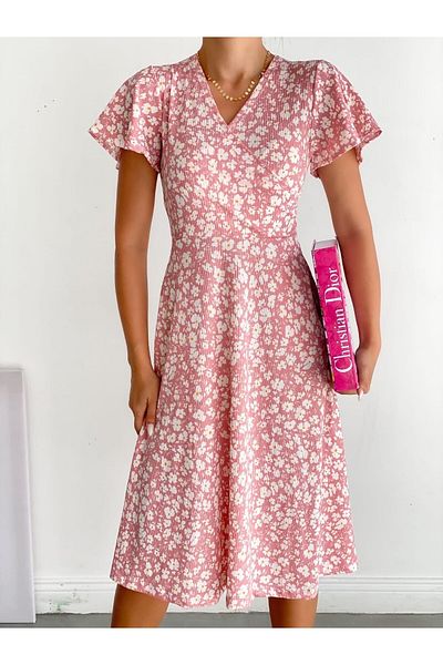 rengamoda Rochie de damă cu imprimeu floral, cu model de flori, cu centură inclusă, cu lungime medie