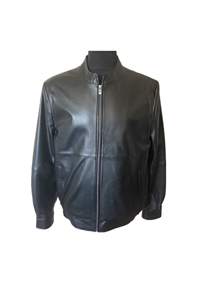 asus deri Merlin - سترة رجالية سوداء من الجلد الطبيعي بياقة واقفة