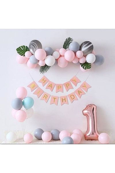MERİ PARTİ 1 Year Old Party Set 1 Year Old Balloon Party Set Rosegold Pink Concept Girl 1 Year Old Balloon