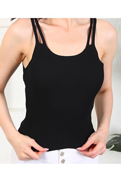 diaves Kadın Çift Askılı Yazlık Triko Top Korse Siyah Crop Bluz