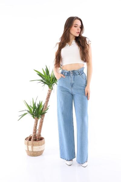 MAKRAS EXCLUSIVE Kadın Beli Lastikli Bol Paça Palazzo Jeans