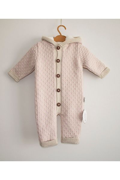 Puppis Baby Baby Girl Pink Honeycomb Knitted Hooded Knitwear Jumpsuit
