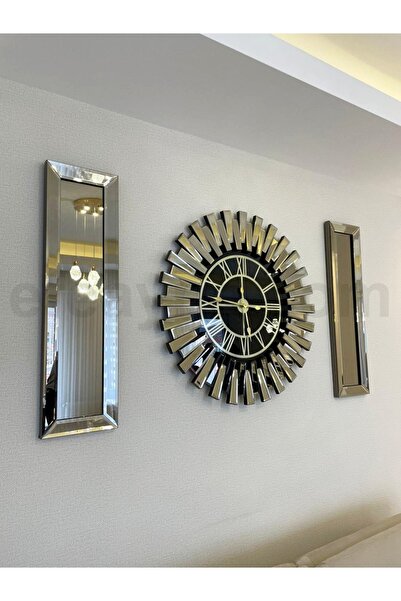 Genel Markalar Şık Bronz Saat ve Yan Ayna Seti, Siyah Detaylar, 3'lü Tasarım