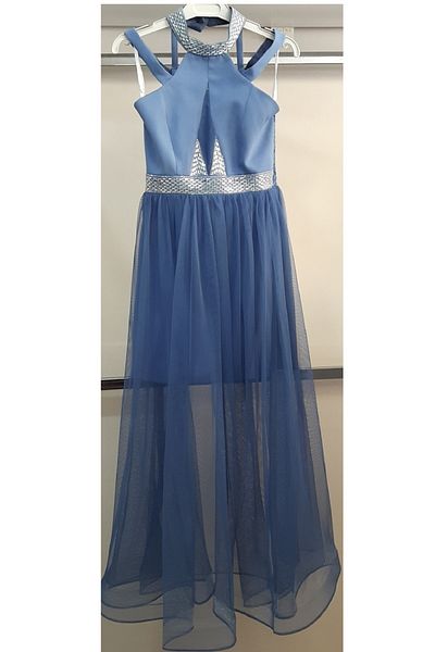 N.Y.YILDIZ Rochie de seară de absolvire pentru ospătar albastru pentru copii, din satin de bumbac, guler șal, cu bretele, fustă evazată din tul