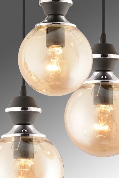 Genel Markalar Berru 3lü Tepsi Siyaha Krom Bal Yuvarlak Camlı Modern Salon Avizesi