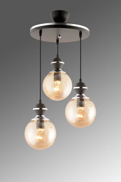 Genel Markalar Berru 3lü Tepsi Siyaha Krom Bal Yuvarlak Camlı Modern Salon Avizesi