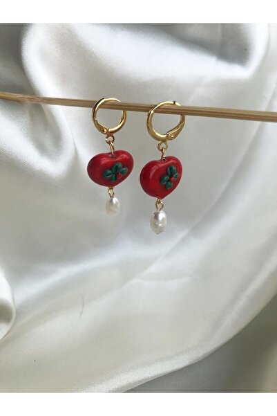 PEONY peonyofficiall Kırmızı Kalp Cam Murano Küpe Gerçek Tatlı Su Inci Detaylı Altın Kaplama