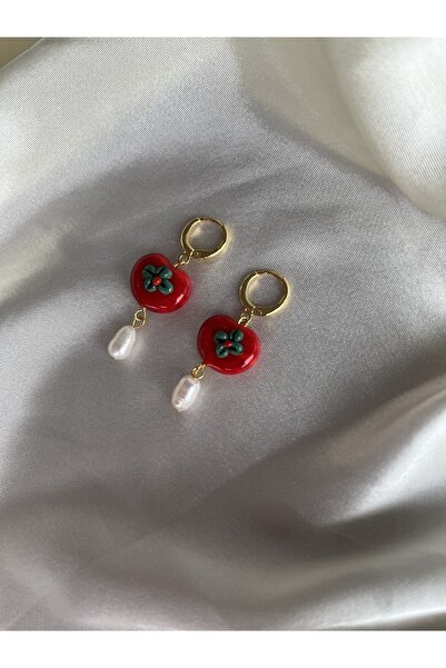 PEONY peonyofficiall Kırmızı Kalp Cam Murano Küpe Gerçek Tatlı Su Inci Detaylı Altın Kaplama