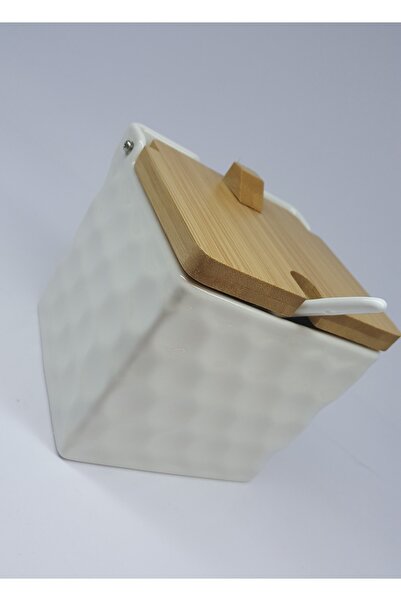 GÜVENEVİ Porcelain Salt Storage Container with Spoon - Porcelain Sugar Storage Jar