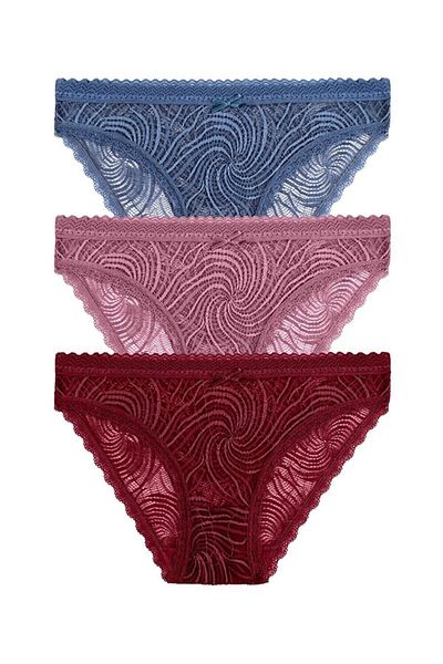 SUWEN Slip dantelă 3P petrol-vin-trandafir