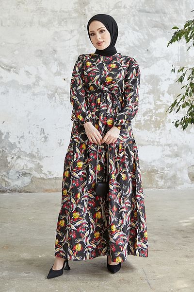 InStyle Φόρεμα Felara ζωσμένο με floral σχέδιο - μαύρο