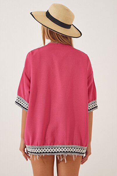 Happiness İstanbul Γυναικείο λινό κιμονό σε σκούρο ροζ κέντημα AP00148