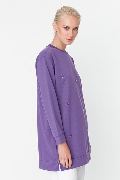 Trendyol Modest Dark Purple Crew Neck Stone Detailed Knitted Tunic TCTSS22TN0072