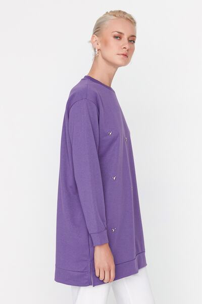 Trendyol Modest Dark Purple Crew Neck Stone Detailed Knitted Tunic TCTSS22TN0072
