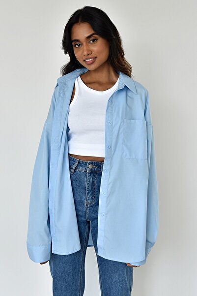 Madmext Μπλε Oversize Βασικό Πουκάμισο Ποπλίνα με Τσέπες Mg1530