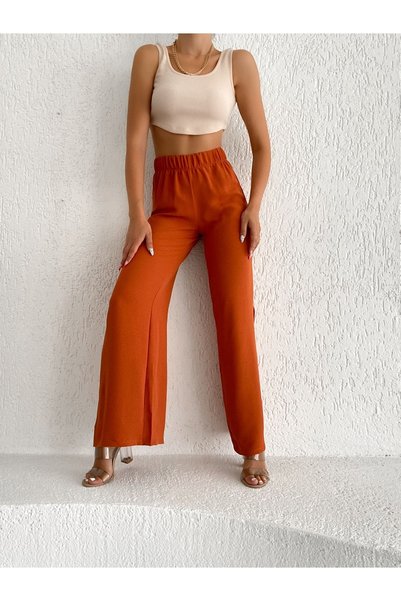 alenmoda Palazzo Trousers with Elastic Waist and Slits on the Side