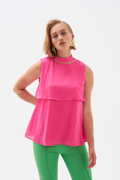 Sateen Bluză cu volan cu detaliu de accesorii - fucsia