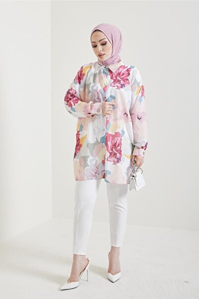 benguen 8880 Patterned Hijab Shirt Dusty Rose
