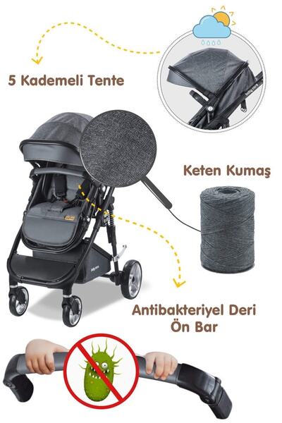 Baby Care Bc 420 Colarado Cross - Travel Pusetli Amortisörlü Bebek Arabası - Gri