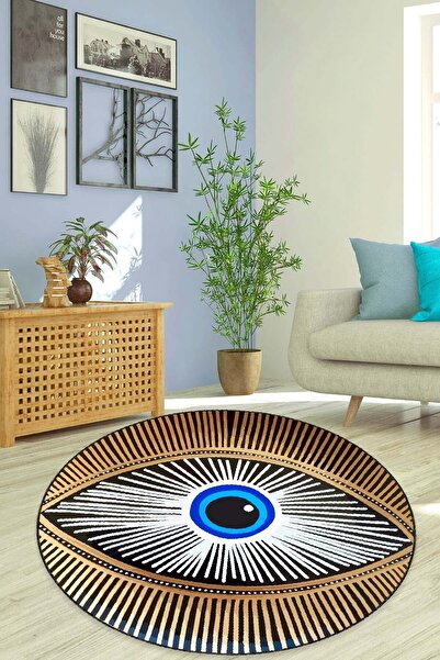 Viva Home Dekoratif Nazar Boncuğu Kaymaz Tabanlı Yıkanabilir Leke Tutmaz Yuvarlak Antre Mutfak Halısı Ar1148