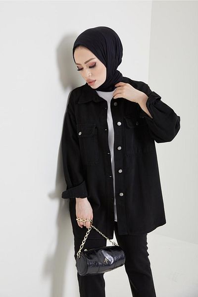benguen 8175 Jacket Trousers Hijab Double Denim Suit Black