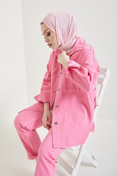 benguen 8175 Jacket Trousers Hijab Double Denim Suit Pink