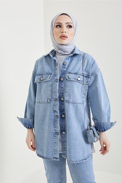 benguen 8175 Jacket Trousers Hijab Double Jeans Set Blue