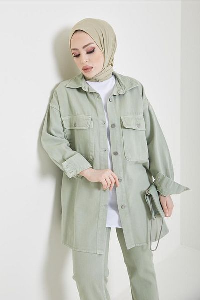 benguen 8175 Jacke Hose Hijab Double Denim Anzug Çağla