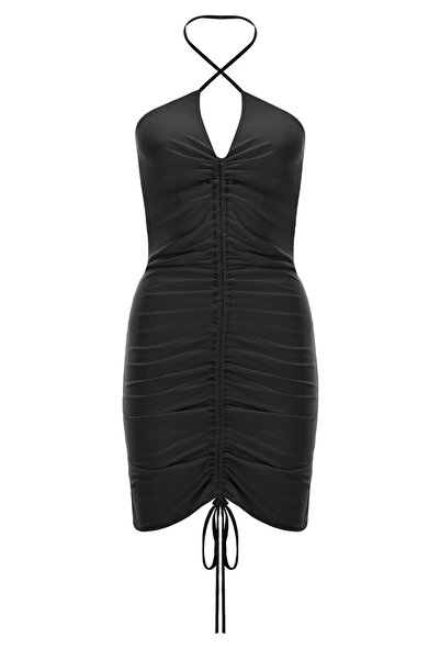 Whenever Company Siyah Önden Büzgülü Drapeli Boyundan Bağlamalı Mini Elbise