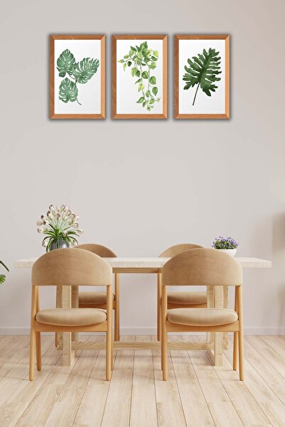 Conceptione 3 Parça Bohem Tarzı Yaprak Ahşap Çerçeve Görünümlü Tablo Seti