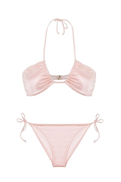 AQUELLA Straplez Saten Pudra Halter Bikini Takım
